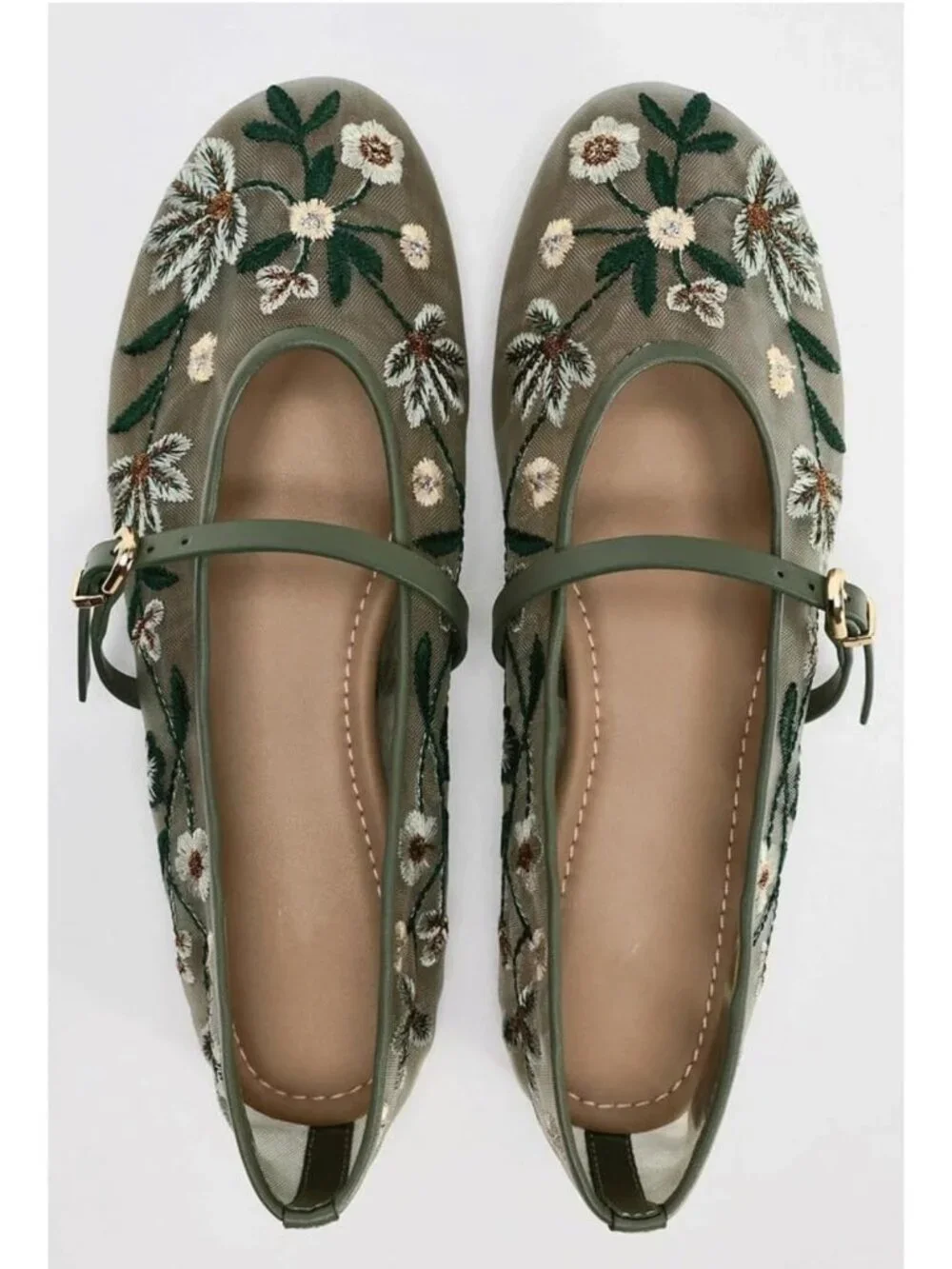 Floral Embroidered Mesh Ballet Flats for Women | Round Toe Mary Jane Style
